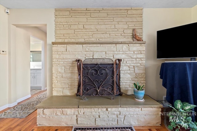 room details featuring hardwood / wood-style floors and a fireplace