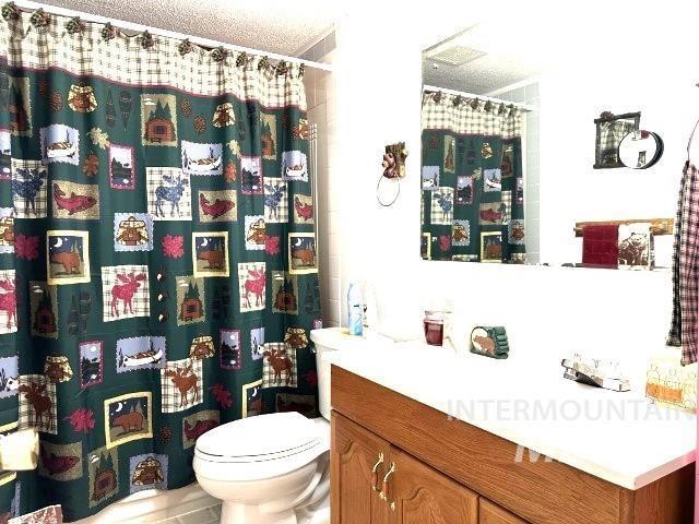 bathroom with vanity, a textured ceiling, and toilet