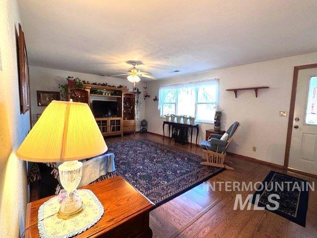 living room featuring ceiling fan and wood-type flooring