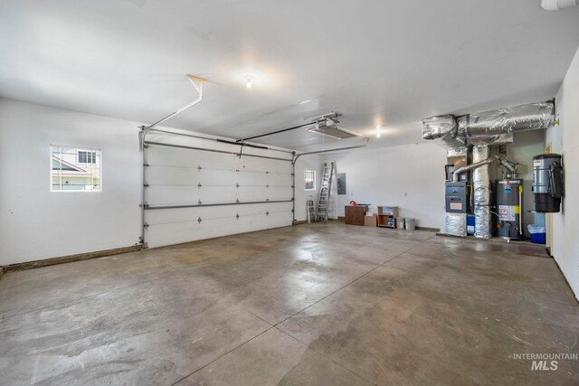 garage with water heater, heating unit, a garage door opener, and a central vacuum unit