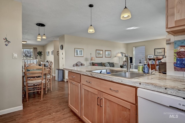 kitchen featuring dishwasher, light countertops, light wood-style floors, and a sink