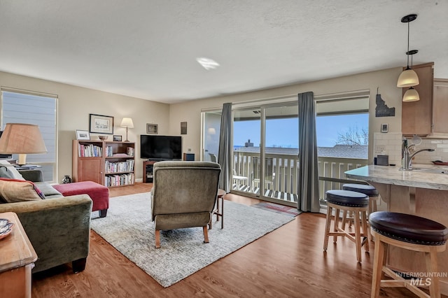 living room featuring a textured ceiling and wood finished floors