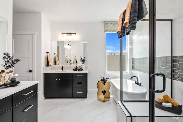 bathroom with vanity and plus walk in shower