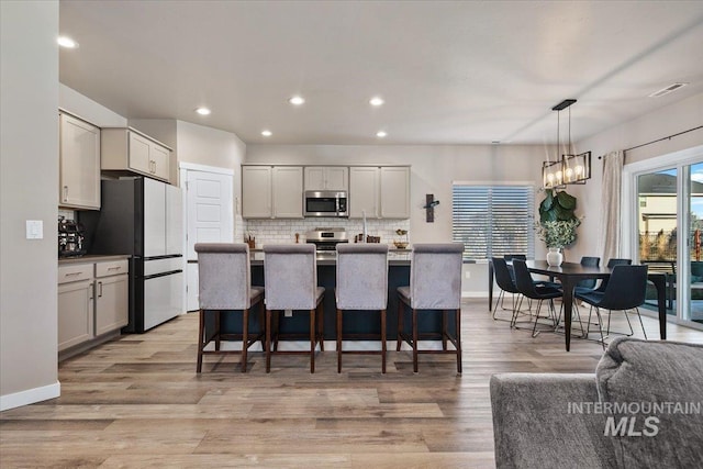 kitchen featuring a kitchen bar, an island with sink, stainless steel appliances, decorative backsplash, and hanging light fixtures