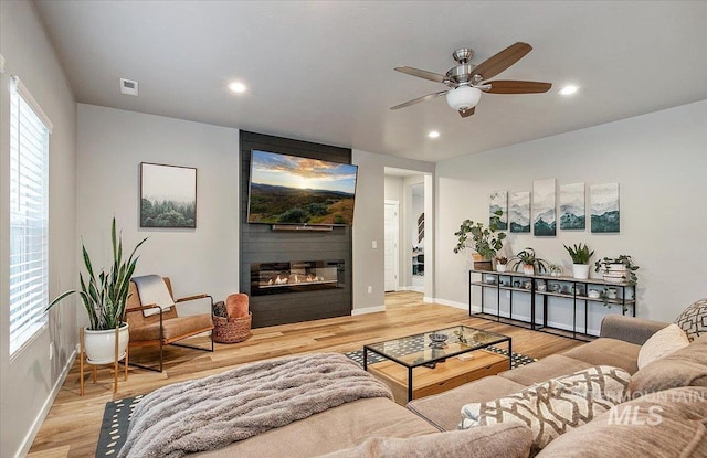 living room with hardwood / wood-style flooring, a large fireplace, and ceiling fan