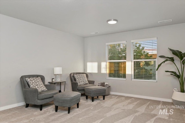 sitting room featuring light carpet