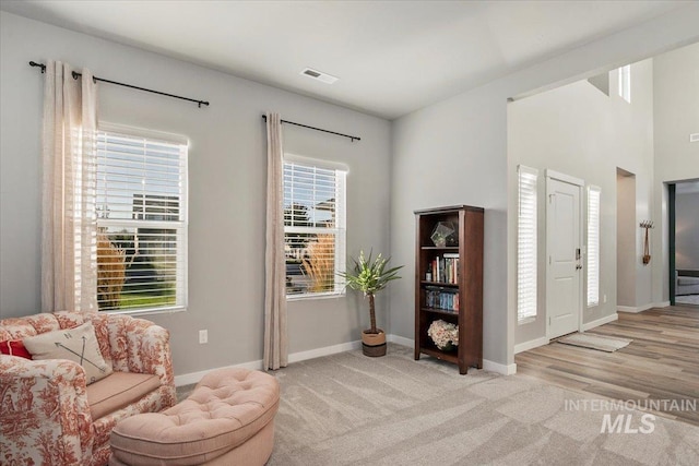 living area featuring light colored carpet