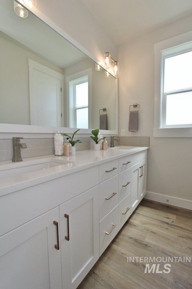 bathroom featuring hardwood / wood-style floors and vanity