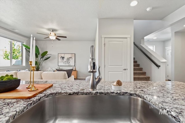 2252 E Tiger Lily Dr, Boise, ID 83716 - kitchen view of a sink, light stone countertops, ceiling fan, a textured ceiling, and a smoke detector
