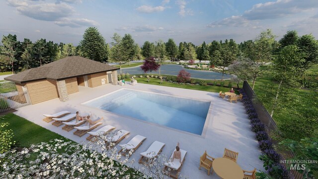 pool featuring fence, an outdoor structure, and a patio area