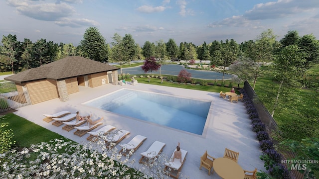 pool featuring fence, an outdoor structure, and a patio area