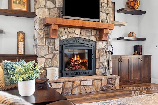 details with hardwood / wood-style floors and a fireplace