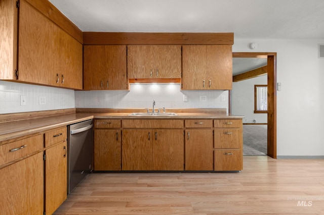 kitchen with dishwasher, a sink, brown cabinets, tasteful backsplash, and light wood-type flooring