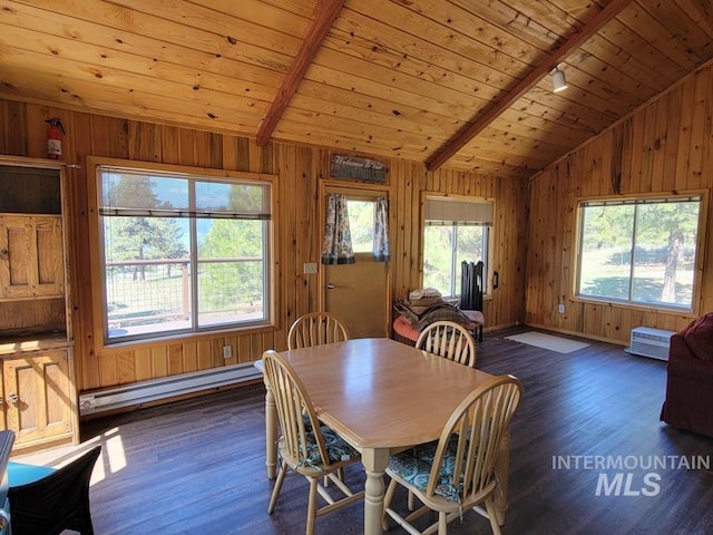 dining area featuring baseboard heating, wooden ceiling, rail lighting, wood finished floors, and lofted ceiling with beams