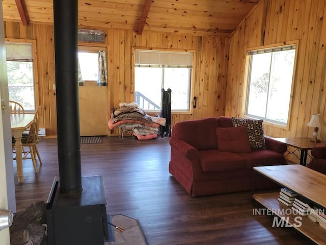 living area with a wood stove, lofted ceiling with beams, and a healthy amount of sunlight