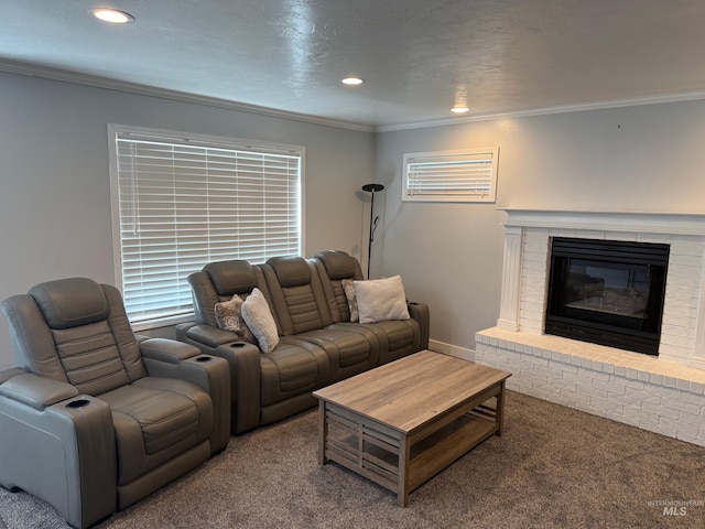 carpeted living room with crown molding, a brick fireplace, and recessed lighting