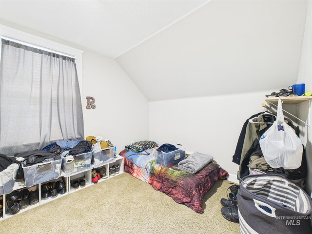carpeted bedroom featuring lofted ceiling