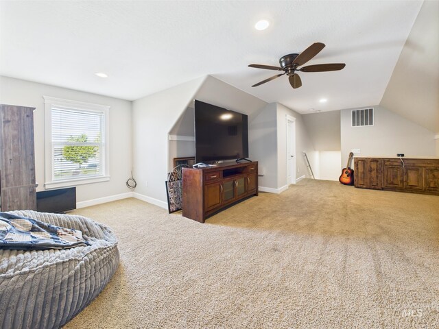 bedroom featuring carpet flooring, baseboards, vaulted ceiling, recessed lighting, and ceiling fan
