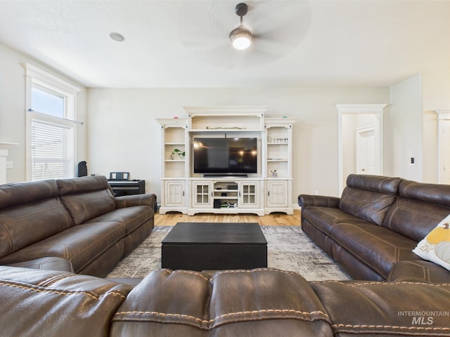 living room featuring a ceiling fan and wood finished floors