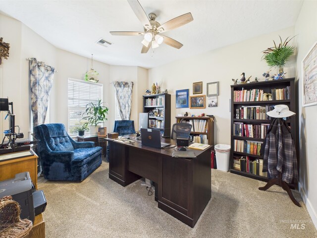 office space with carpet flooring, a ceiling fan, and healthy amount of natural light
