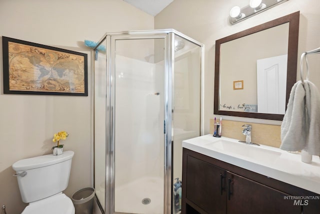 1229 N Hiltonhead Way, Eagle, ID 83616 - full bathroom with a stall shower, vanity, decorative backsplash, and toilet