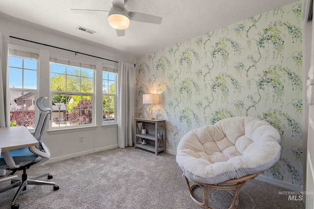 4902 N Schubert Ave, Meridian, ID 83646 - carpeted office space with wallpapered walls, baseboards, a ceiling fan, and a textured ceiling