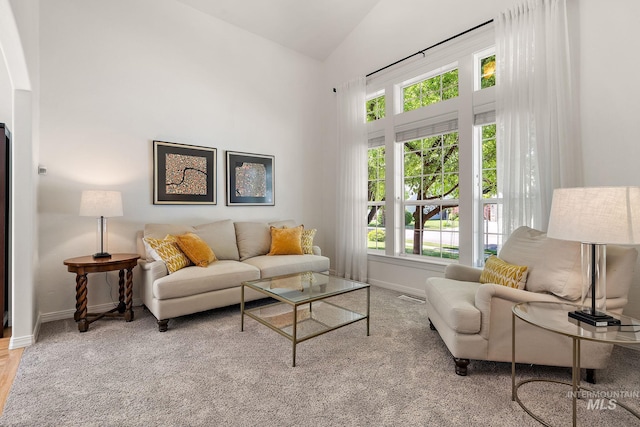 4902 N Schubert Ave, Meridian, ID 83646 - living room featuring baseboards, high vaulted ceiling, and wood finished floors