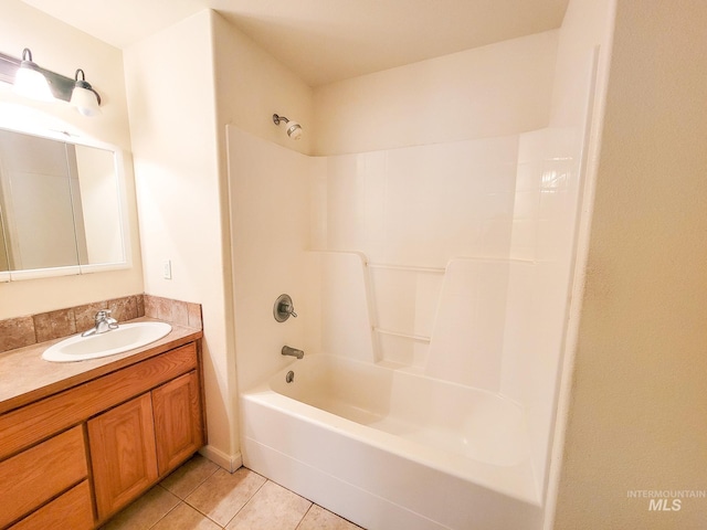 bathroom featuring shower / washtub combination, tile patterned flooring, and vanity