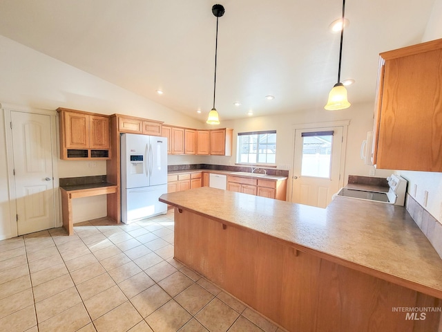 kitchen with white appliances, light tile patterned floors, a peninsula, hanging light fixtures, and a sink