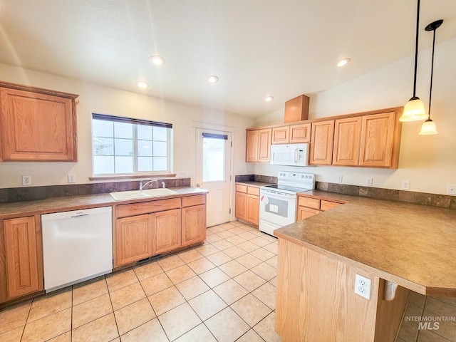 kitchen featuring lofted ceiling, light tile patterned floors, white appliances, a sink, and decorative light fixtures