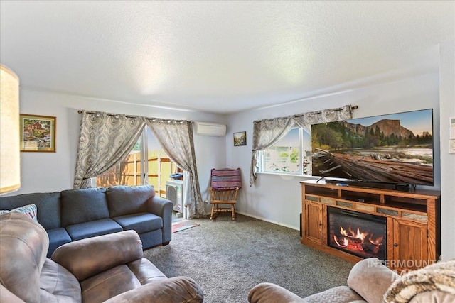 2429 Cherry St, Caldwell, ID 83605 - living area featuring a wall mounted AC, carpet, plenty of natural light, a textured ceiling, and a glass covered fireplace