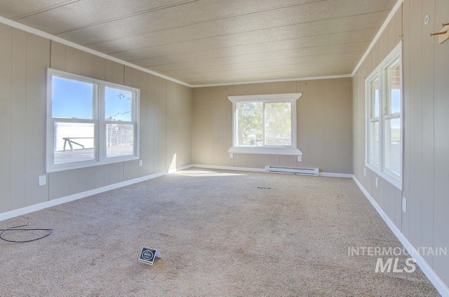 empty room with plenty of natural light, carpet, and a baseboard radiator