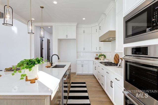 14241 N Woodpecker Ave, Boise, ID 83714 - kitchen featuring stainless steel appliances, premium range hood, light wood-style flooring, decorative backsplash, and a sink
