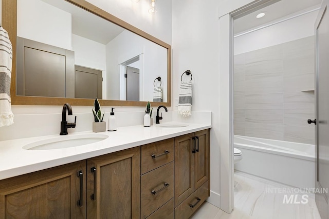 14241 N Woodpecker Ave, Boise, ID 83714 - full bathroom with marble finish flooring, double vanity, toilet, and bathtub / shower combination