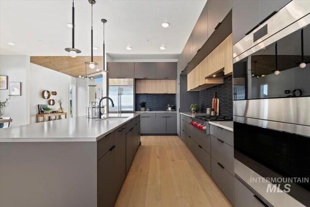 3501 E Planet Dr, Boise, ID 83712 - kitchen featuring modern cabinets, stainless steel appliances, light countertops, backsplash, and a large island