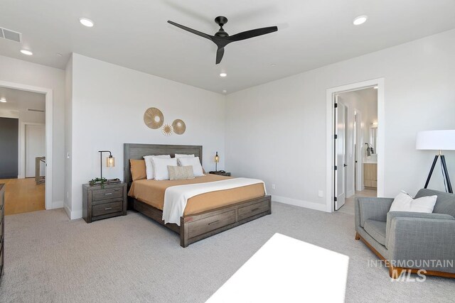 3501 E Planet Dr, Boise, ID 83712 - bedroom featuring light carpet, recessed lighting, baseboards, ceiling fan, and connected bathroom