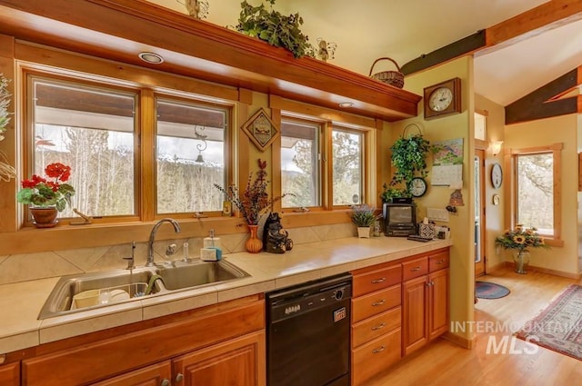 kitchen featuring sink, dishwasher, vaulted ceiling, and light wood-type flooring