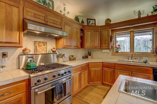 kitchen with sink, light wood-type flooring, backsplash, tile countertops, and high end stainless steel range oven