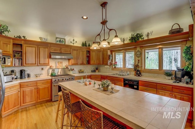 kitchen with stainless steel range, tile counters, black dishwasher, and light hardwood / wood-style flooring