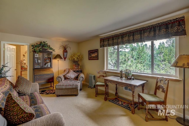 living room with plenty of natural light, light colored carpet, and radiator