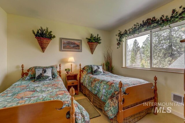 bedroom with light carpet