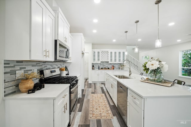 kitchen featuring white cabinetry, appliances with stainless steel finishes, wood finished floors, and a sink