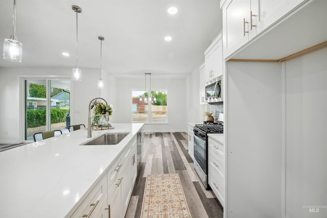 kitchen with a sink, appliances with stainless steel finishes, white cabinets, light countertops, and dark wood-style flooring