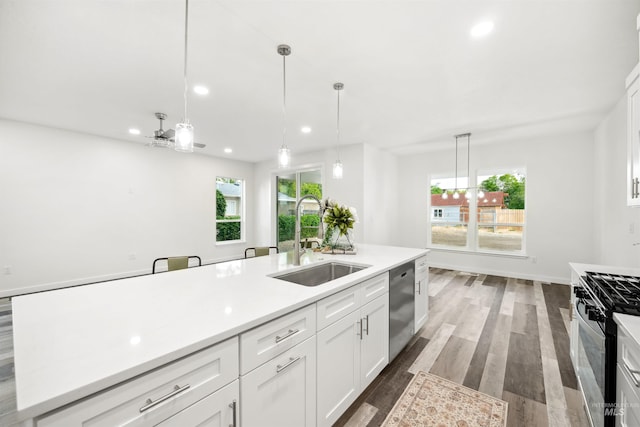 kitchen with black gas stove, a healthy amount of sunlight, dishwasher, wood finished floors, and a sink