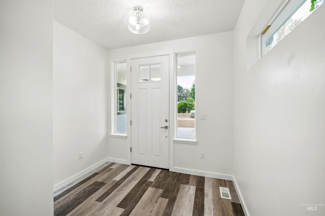 foyer entrance with a wealth of natural light, visible vents, baseboards, and wood finished floors