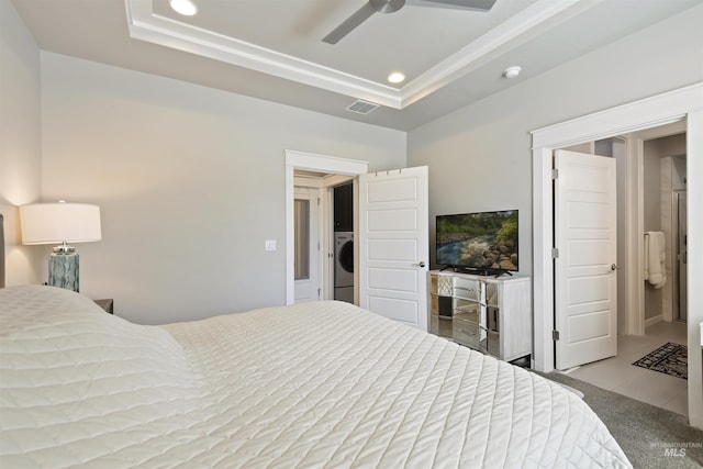 6164 N Winward Ln, Meridian, ID 83646 - tiled bedroom featuring recessed lighting, washer / clothes dryer, a tray ceiling, and a ceiling fan