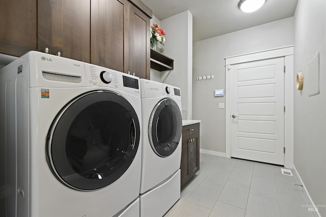 6164 N Winward Ln, Meridian, ID 83646 - laundry area featuring separate washer and dryer, cabinet space, light tile patterned floors, and baseboards