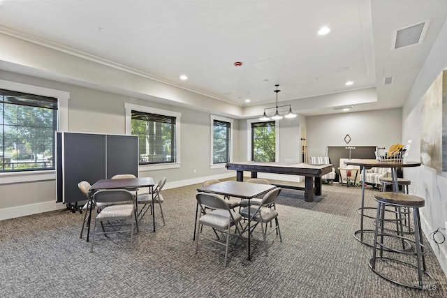 6164 N Winward Ln, Meridian, ID 83646 - recreation room featuring carpet flooring, a raised ceiling, crown molding, baseboards, and recessed lighting