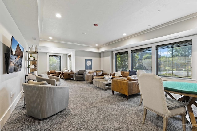 6164 N Winward Ln, Meridian, ID 83646 - carpeted living area with recessed lighting, crown molding, a raised ceiling, and baseboards