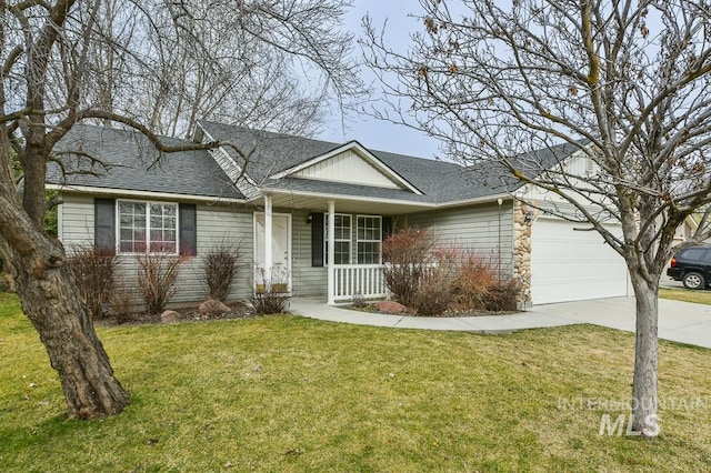 ranch-style home featuring covered porch, concrete driveway, a front lawn, and a shingled roof